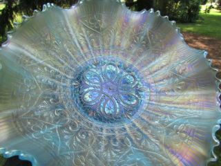Northwood Hearts & Flowers Antique Carnival Art Glass Ruffled Bowl Ice Blue