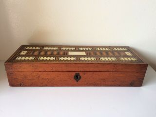 Antique English Woodeh Inlaid Cribbage Board And Box Game