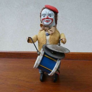 Antique Schuco German Tin Windup Toy Clown With Drum & Cymbal