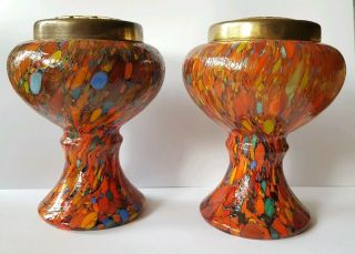 Antique Art Deco 1930s Czech Bohemian Splatter / Spatter Glass Posy Vases