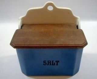 Antique Salt Box Bin Jar Crock Pot Porcelain Container Vintage Wall Hanging Wood