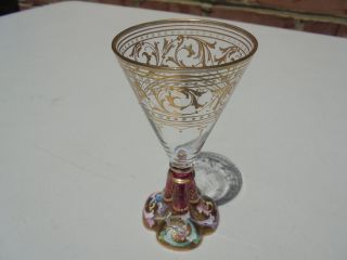 Antique Moser Art Glass Gobet Hand Painted Lobed Cranberry Foot Gold Trim