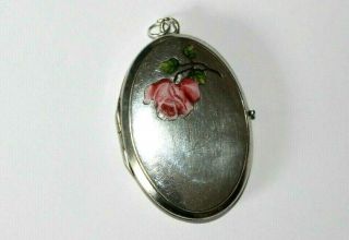 Large Vintage / Antique Silver Plated Locket With Enamel Rose.