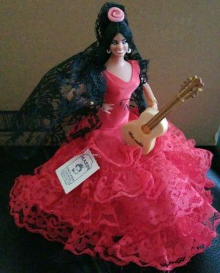 Vintage 7 " Marin Spanish Flamenco Sitting Dancer Doll Guitar Red Lace Dress