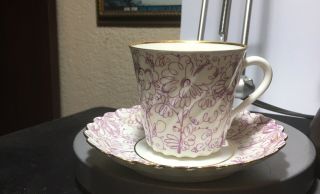 Vintage Tea Cup & Saucer Made In Russia White With Purple Flowers Gold Trim