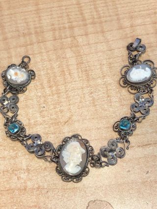 Antique Hand Made Hand Carved Shell Cameo Bracelet With Lt Blue Stones