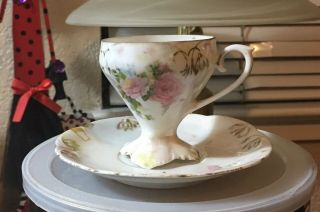 Vintage Tea Cup & Saucer Footed Cup Pink Flowers Stamped P.  S.  Prus