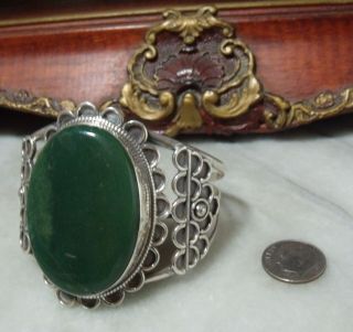 Antique Sterling Silver Native American Heavy Jade Jadeite Rare Bracelet