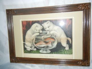Antique Currier & Ives Little White Kitties Fishing Framed Print