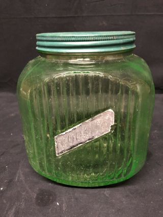 Vintage Green Depression Glass Cookie Jar/ribbed With Tin Lid