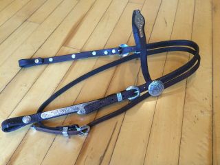 Vintage Circle Y Dark Leather Show Horse Headstall Bridle Loaded With Silver Nr