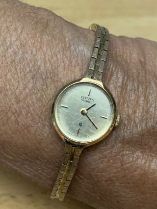 Vintage Citizen Petite Gold Quartz Watch With Safety Chain Women 