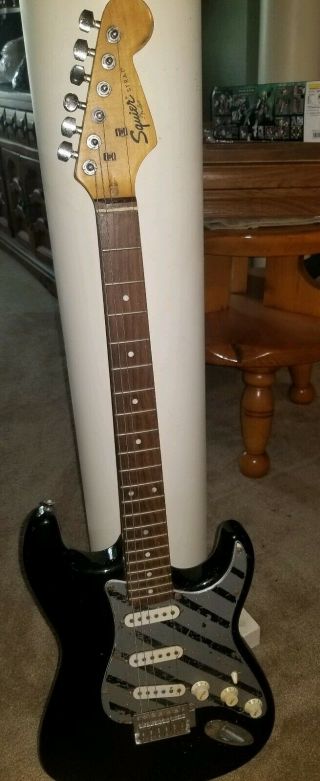 Vintage Fender Squier Strat Black Electric Guitar.  Needs Strings And Back Plate