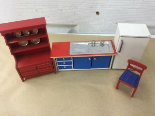 Vintage Wood Dollhouse Furniture - China Cabinet,  Fridge,  Kitchen Sink,  Chair