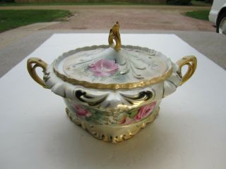 Antique Rs Prussia Pink Roses Decorated Handled Porcelain Biscuit / Cracker Jar