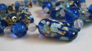 Antique Vintage 1940 Murano Blue Silver Gold Foil Glass Bead Necklace Earrings
