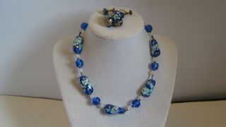 Antique Vintage 1940 Murano Blue Silver Gold Foil Glass Bead Necklace Earrings 2