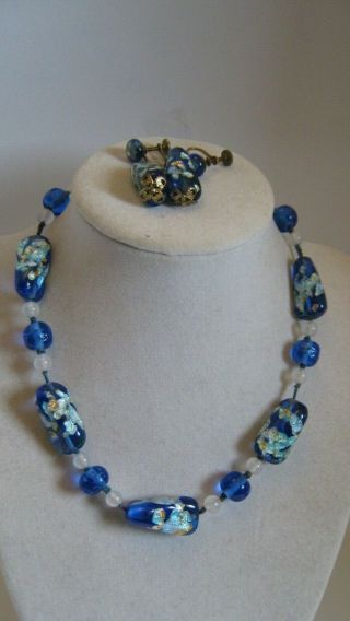 Antique Vintage 1940 Murano Blue Silver Gold Foil Glass Bead Necklace Earrings 3