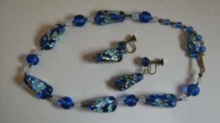 Antique Vintage 1940 Murano Blue Silver Gold Foil Glass Bead Necklace Earrings 4