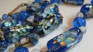 Antique Vintage 1940 Murano Blue Silver Gold Foil Glass Bead Necklace Earrings 5
