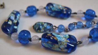 Antique Vintage 1940 Murano Blue Silver Gold Foil Glass Bead Necklace Earrings 6
