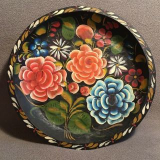 Vintage Mexican Batea Bowl Plate Folk Art Flowers Wood Toleware Hand - Painted