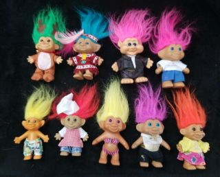 9 - Vintage Troll Dolls Blue,  Orange,  Yellow,  Pink,  Yellow,  Purple & Green Hair C