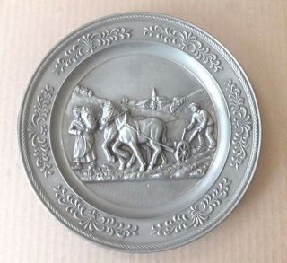 Vintage Pewter Metal Plate Farmers Horses Wall Hanging Plaque Silver Tone 7.  5 "
