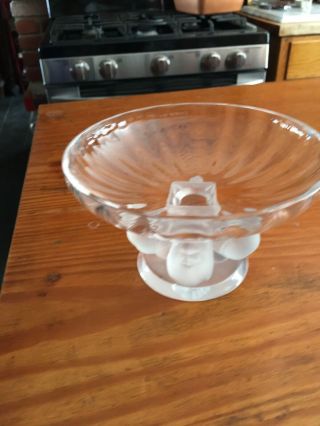 Antique Lalique France Crystal Nogent 4 Sparrow Compote Footed Bowl