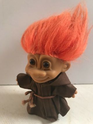 Vintage Russ 4.  5 " Monk Troll Doll Orange Hair Brown Robe Franciscan Friar