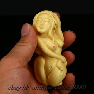 3.  5 " Small China Box - Wood Hand Carved Naked Woman Statue Handle Piece