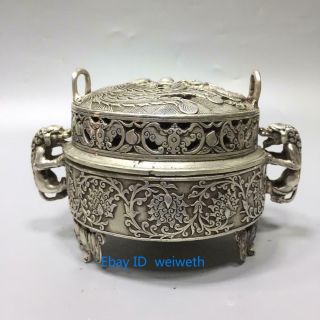Chinese Handwork Carved Tibet Silver Dragon And Phoenix Incense Burner