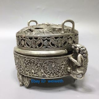Chinese Handwork Carved Tibet Silver Dragon and phoenix Incense burner 2
