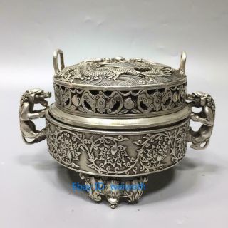 Chinese Handwork Carved Tibet Silver Dragon and phoenix Incense burner 4