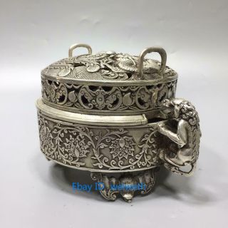 Chinese Handwork Carved Tibet Silver Dragon and phoenix Incense burner 5
