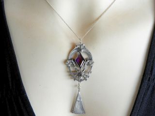 Vintage Antique Art Deco Jewelry Pewter Pendant Chain Necklace Paste Stone
