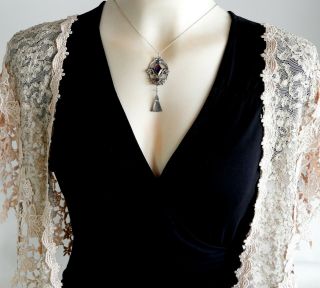 Vintage Antique Art Deco Jewelry Pewter Pendant Chain Necklace Paste Stone 2