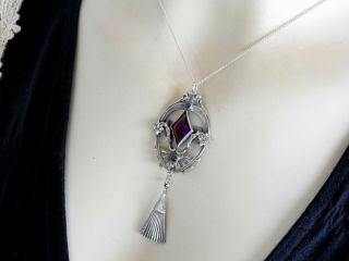 Vintage Antique Art Deco Jewelry Pewter Pendant Chain Necklace Paste Stone 3