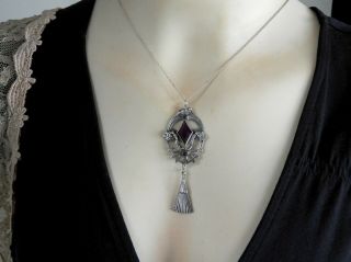 Vintage Antique Art Deco Jewelry Pewter Pendant Chain Necklace Paste Stone 5