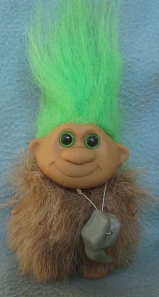 Vintage Caveman Troll Doll 4.  5 " Figure Green Hair