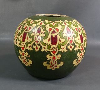 19c.  Antique Art Nouveau Imperial Russian Folk Knot Hand Painted Pottery Vase Pot