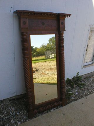 Vtg Arts And Craft Wood Mirror 44 1/2 " Tall X 25 " Wide Turned Sides Top Shelf