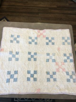 Old Antique Baby Blanket Quilt Hand Made Squares Blue Red