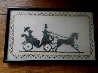 2 Antique Victorian Hand Embroidered Pictures Cross Stitch Silouettes On Linen