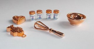 Vintage Doll House Minis - Set Of Copper Color Canisters - Molds - Mixing Bowl W Whisk
