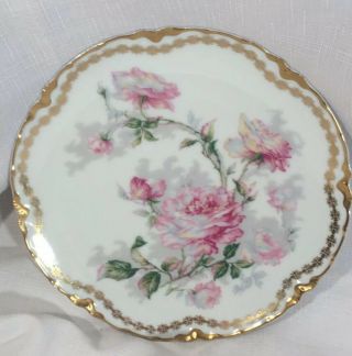 Antique Double Gold Haviland Limoges Plate Large Pink Roses Unknown Ranson 8 1/2