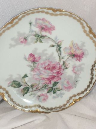 Antique Double Gold Haviland Limoges Plate Large Pink Roses Unknown Ranson 8 1/2 3
