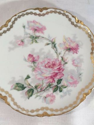 Antique Double Gold Haviland Limoges Plate Large Pink Roses Unknown Ranson 8 1/2 7