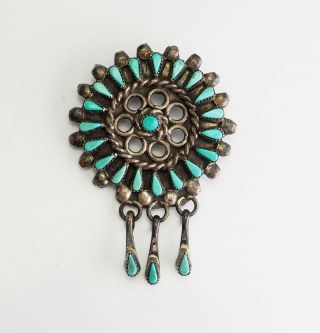 Antique Sterling Silver Turquoise Needlepoint Zuni Pin Or Pendant