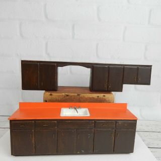 Vintage Dollhouse Miniature 2 Piece Wood Kitchen Cabinets Sink Brown Orange 1:12
